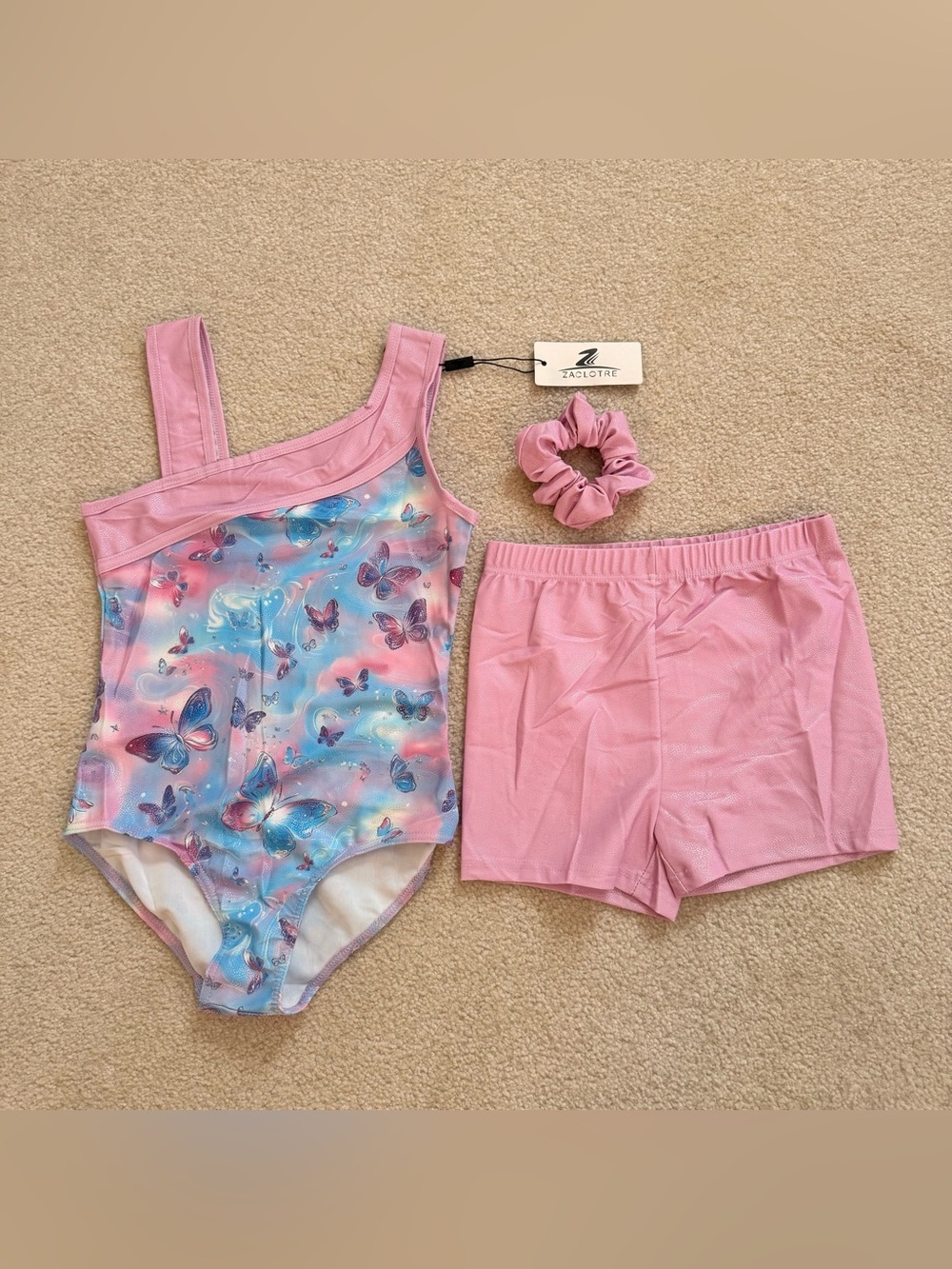 Girls' NEW Pink Butterfly Leotard / Unitard Set w Shorts & Scrunchie NWT age 6-7